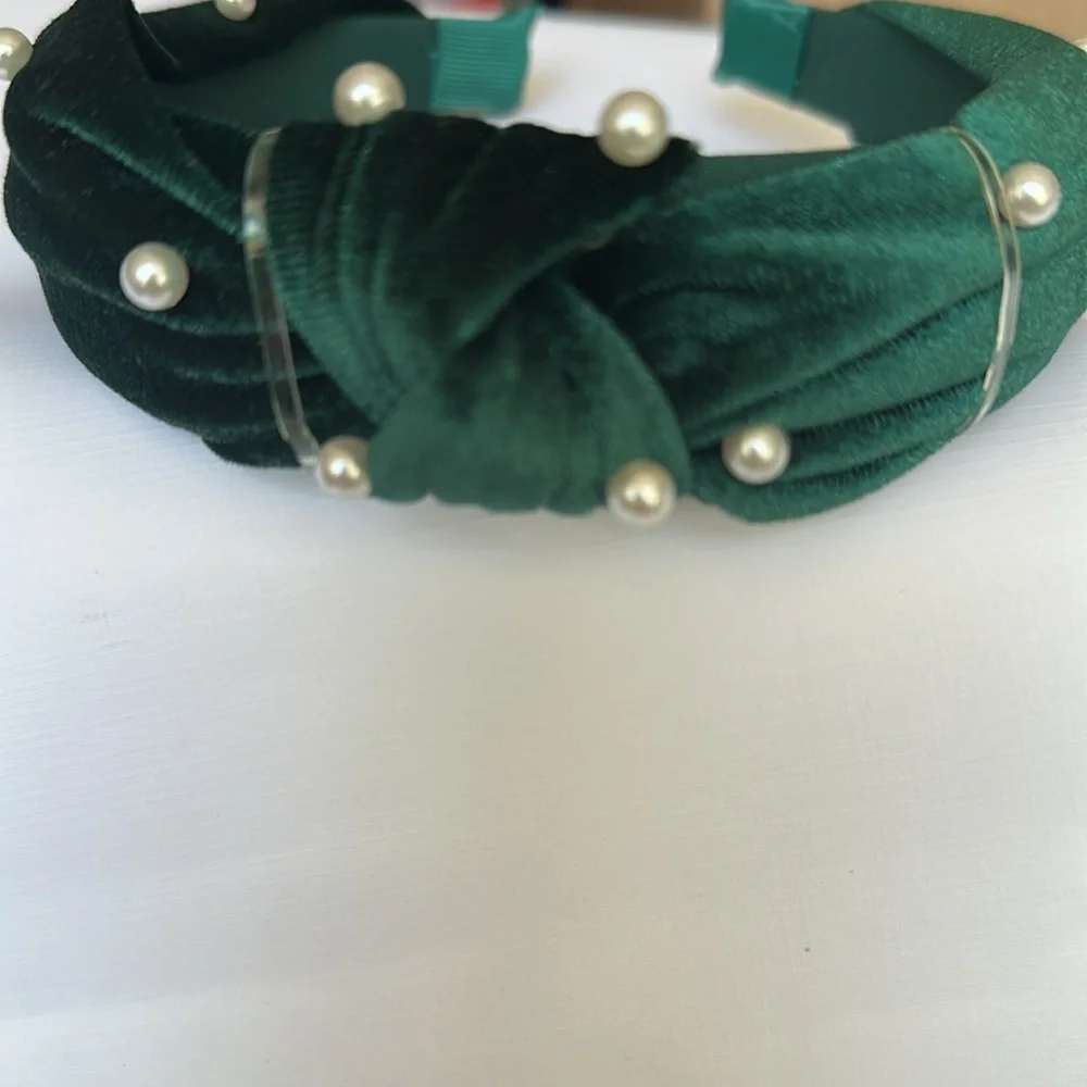 Visage Sage Green Velvet Headband with Pearls